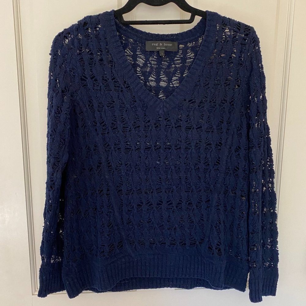 Rag & Bone Dark Blue Long-Sleeved Open-Weave Knit V-Neck Sweater Sz S